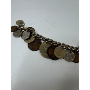 Vintage International Coin Charm Bracelet Silver Tone Mixed World Currency 7.5"